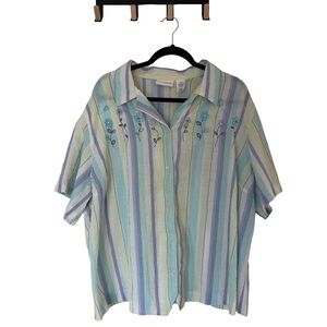 Striped Embroidered Button Top